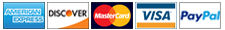 Accepted payment methods include American Express, Discover, MasterCard, Visa, and PayPal, indicating flexible payment options for transactions.