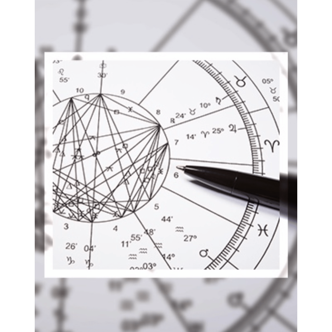 Astrological chart with geometric lines and symbols, accompanied by a black pen, illustrating celestial positions for interpretation.